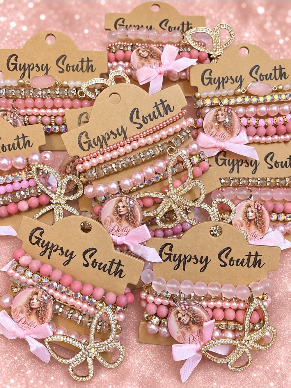 Dolly Pink Beaded Bracelet Stacks Bow Charm Bracelet Set